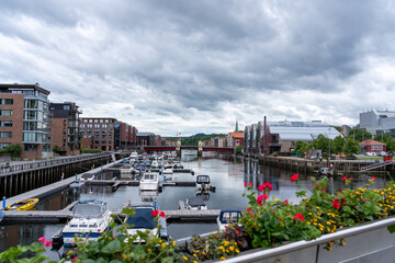Trondheim city with waterways on a cloudy overcast day, 