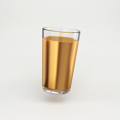 Glass glass with golden liquid floating on a gray background, 3d render