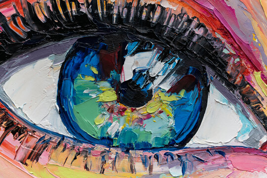 Handmad conceptual abstract picture of the eye. Oil female portrait painting. Painting in colorful colors. Conceptual abstract closeup of watercolor paint and brush on paper.