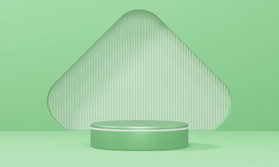 Empty minimalistic green podium with white rim in studio lighting. A single cylinder on a green background with an opening in the form of a rhombus with rounded edges. 3d render