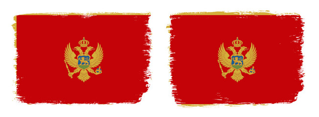 A set of two vector brush flags of Montenegro with abstract shape brush stroke effect