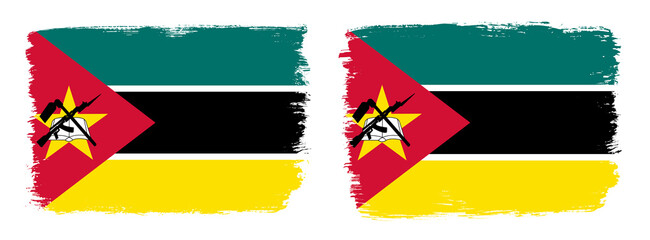 A set of two vector brush flags of Mozambique with abstract shape brush stroke effect