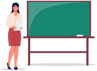 Female teacher with sheet of paper stands near blackboard. Woman conducts lesson, class in school. Curriculum for learning, educational program to study. Lady pedagogue teaching vector illustration