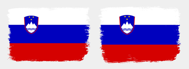 A set of two vector brush flags of Slovenia with abstract shape brush stroke effect