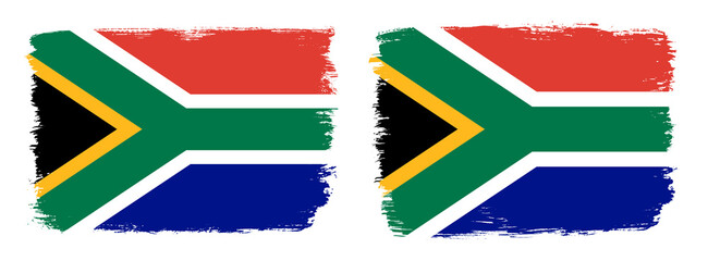 A set of two vector brush flags of South Africa with abstract shape brush stroke effect