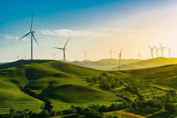 wind turbines in the mountains - obrazy, fototapety, plakaty