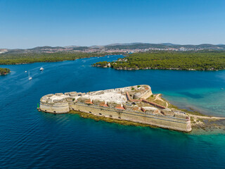 Croatia - Amazing St. Nicholas fortress at Croatia front of Sibenik from drone view. Great excursion destination, accessible from the mainland as well