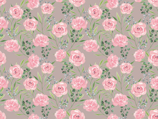 Beautiful botanical blooming flowers peonies rose foliage leaves seamless pattern design isolated