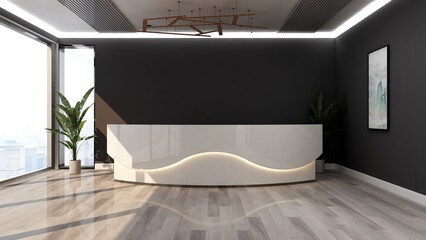 office front desk or receptionist room with wooden design interior