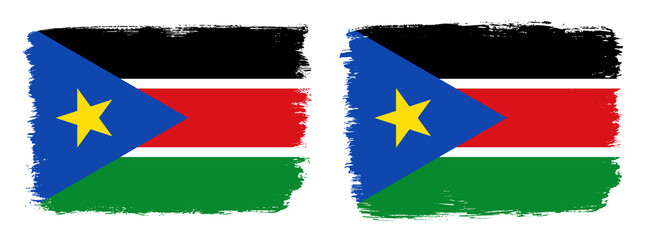 A set of two vector brush flags of South Sudan with abstract shape brush stroke effect