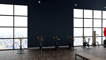 Black blank wall in modern gym interior with wooden floor