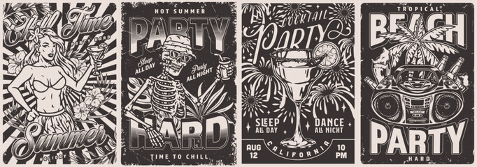 Summer holiday set posters monochrome
