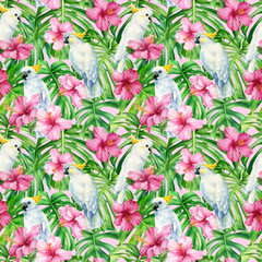 Palm leaves, tropical flowers and white parrot. Watercolor flora. Seamless patterns.