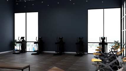 Black blank wall in modern gym interior with wooden floor