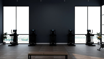Black blank wall in modern gym interior with wooden floor