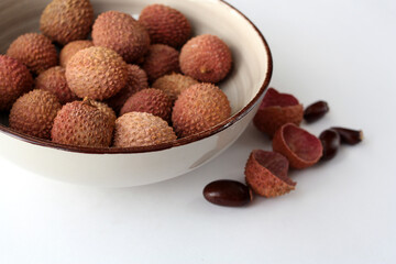 Fresh lychee fruit. Chinese exotic lychee fruit. Selective focus.
