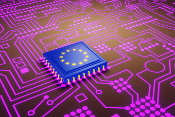 An advanced CPU printed with an European Union flag on a neon glowing electronic circuit board. Illustration of the concept of EU made high-end micro chips. - obrazy, fototapety, plakaty