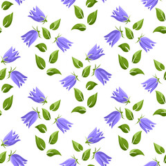 Floral seamless pattern with purple bluebell buds and green leaves on white. Hand drawn flowers. Simple vector print for females fabric, summer screen printing, cute cover, linens, wallpaper