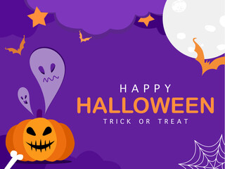 Happy Halloween banner or party invitation background with night clouds, candy and pumpkins. Vector illustration. Full moon in the sky, spiders web and flying bats. Place for text. Postcard design.
