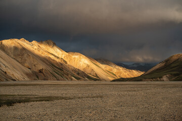 Iceland mountain landscape being hit by evening sunset light 
