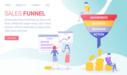 Sales funnel stages, potencial customers concept. People working with sales funnel management. Colleagues analyze online customer behavior. Team of marketers work with marketing data analysis