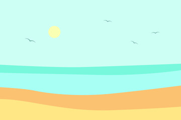 Fototapeta na wymiar Vector sunny landscape: blue sky, round sun, flying birds, sea, sand. Elements for summer design card, illustration, poster, flyer, invitation