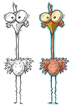 Cartoon funny cute hand drawn standing crazy pink bird. Vector colorful sketch isolated on white background.