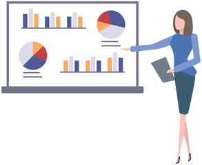 Data analysis research statistics concept. Work with statistics, strategy, business development. Female employee makes presentation of results of statistical research. Work with digital technologies