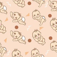 Set Cute Baby Babies Boy Cartoon Flat With Abstract Brown Object Collection Illustration Lite Pink.
