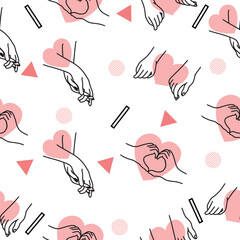Women Girl Hand Love Gesture with Abstract Black and Pink Object Hearth Flat Line Art Illustration White.