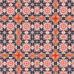 Navy blue red azulejos tile style banana fashion scarf print. Seamless pattern in coastal living maritime style design. Modern abstract cotton linen effect fabric background. 