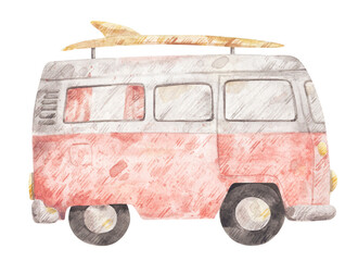 Cute vintage van. Watercolor illustration of pink old microbus with surfboard on the top. Hand-drawn picture