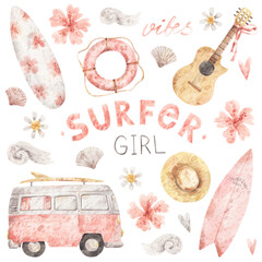 Surfer girl set of watercolor elements - vintage van, guitar, surfboards, lifebuoy, straw hat. Hand-drawn summer illustrations