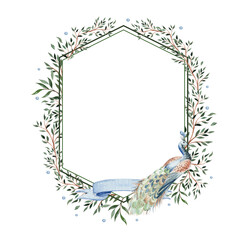 Watercolor frame with green leaves and peacoc bird. Illustration