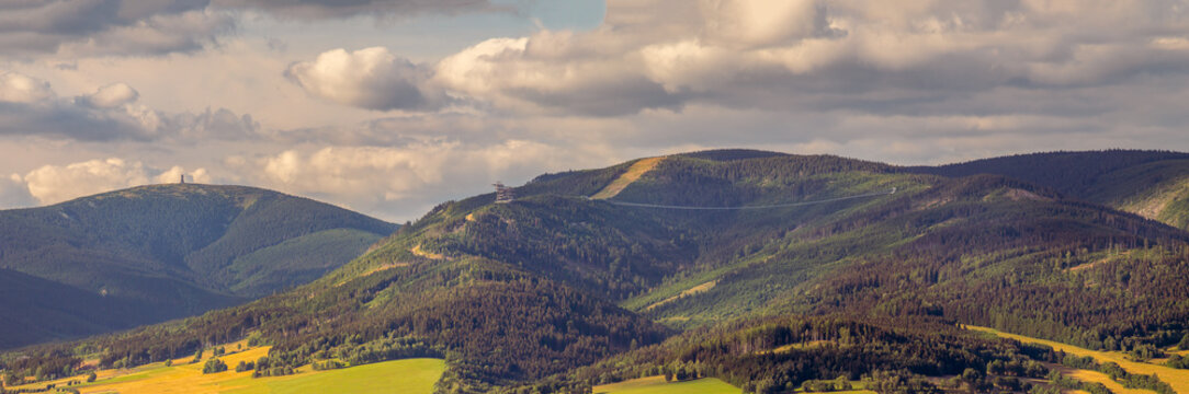 landscape with Snieznik Mountains, Kralicky Sneznik mountain and Sky Bridge 721 suspension tootbridge, Czech Republic
