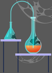 Broken laboratory beaker sign. Test tube icon on dark background. Failed experiment in lab. Error creating vaccine. Theme of chemistry, medicine. Concept of explosive chemical reaction, dangerous try