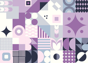 Geometryczna kompozycja - kolorowa mozaika z kolorem różowym, granatowym, szarym i ecrue. Powtarzający się wzór w stylu bauhaus do zastosowania jako tło do projektów. - obrazy, fototapety, plakaty