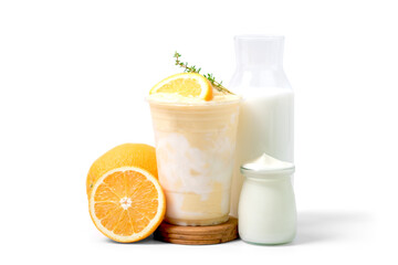 orange yogurt smoothie with orange fruit,yogurt bottle and milk bottle isolated on white background. coffee shop cafe menu concept.