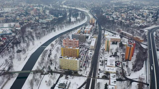 Ostravice River in Ostrava, Czech Republic, 4k drone video