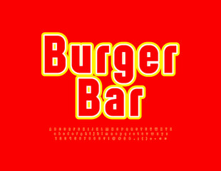 Vector bright Emblem Burger Bar.  Elegant colorful Font. Artistic Alphabet Letter, Numbers and Symbols