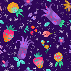 Seamless pattern with purple bluebells,  abstract yellow flowers, tulips on the dark purple background. Can be used as wallpaper, background for bags and cases, printing and textile design. 