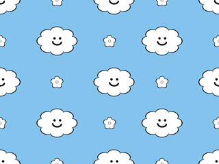 Cloud cartoon character seamless pattern on blue background