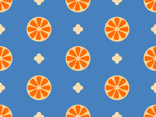 Orange cartoon character seamless pattern on blue background.