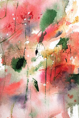 Watercolor abstract red, green and black background, hand drawing