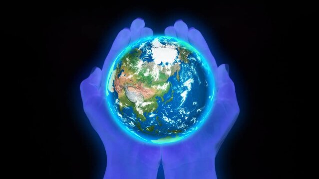 3d glowing planet earth on hand animated