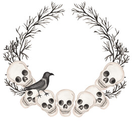 Watercolor hand drawn halloween wreath. Scary party frame with scull illustration, black crow and branches clipart. Holiday template card with halloween symbols.