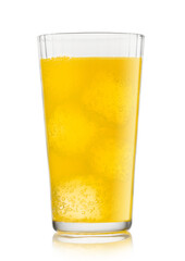 Orange soda soft drink with ice cubes and bubbles on white background.