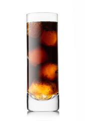 Cola soda drink with ice cubes in highball glass on white background.