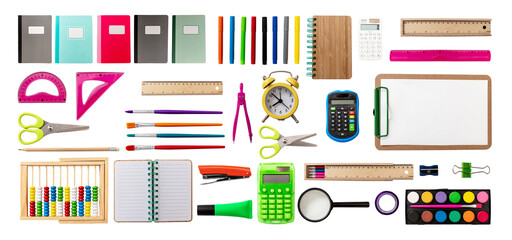 Back to school background. School office supply and stationery flat lay on white, top view