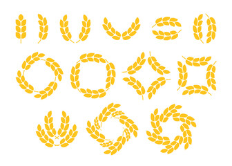 Gold wheat grain ear set, circle wreath frame. Icon whole bread grains, wheat, barley, rice, corn, oat ear. Spica harvest plant for agriculture, cereal products, bakery. Vector symbol